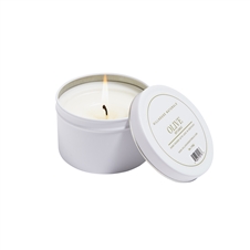 Olive candle in white tin 5oz. ctn. 6