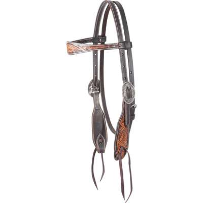 Martin Saddlery Dyed Edge Browband Headstall with Floral Tooling and Beaded Scroll Buckles