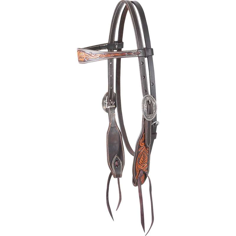 Martin Saddlery Dyed Edge Browband Headstall with Floral Tooling and Beaded Scroll Buckles