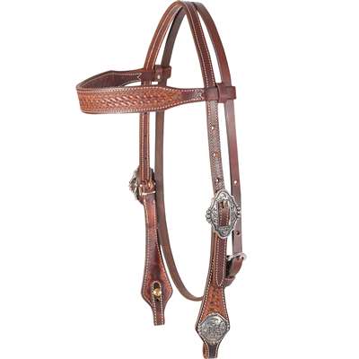 Martin Saddlery Weathered Antique Browband Headstall with Mini Basket Tooling and Beaded Scroll Buckles