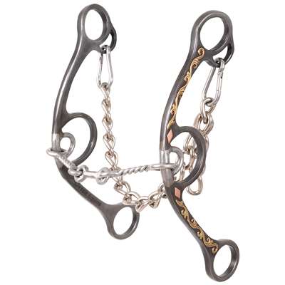 Sherry Cervi Diamond Short Shank Small Twisted Dog Bone Bit. This is a bit for starting barrel training, or on horses that have sensitive mouth that do not need much bit. It is nice and soft, offering complete rate and body lift for turns.