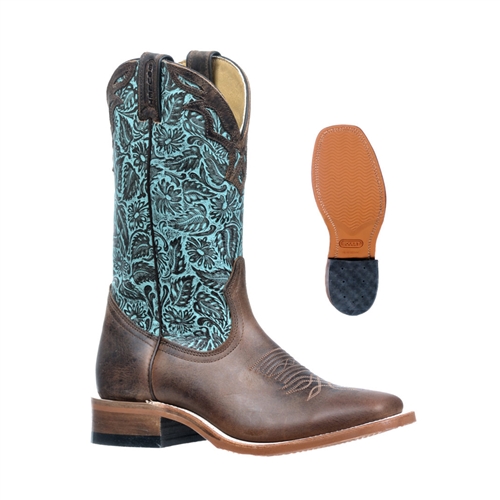 Ladies Boulet Wide square toe Daisy Turquoise Brown Western Boot