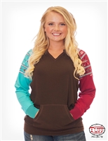 COWGIRL TUFF WOMEN'S CHOCOLATE LONG SLEEVE TEE WITH TURQUOISE AND RED RAGLAN AZTEC SLEEVES