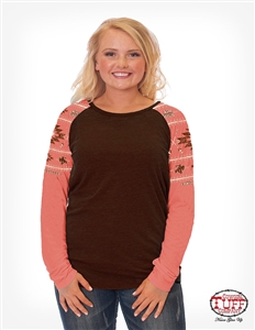 COWGIRL TUFF WOMEN'S CHOCOLATE LONG SLEEVE TEE WITH CORAL RAGLAN AZTEC SLEEVES