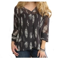 CRUEL GIRL WOMEN'S SHEER GREY & WHITE FEATHER 3/4 SLEEVE TOP