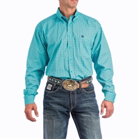 MENS TURQUOISE AND BLACK SQUARE GEOMETRIC PRINT WESTERN BUTTON-DOWN SHIRT