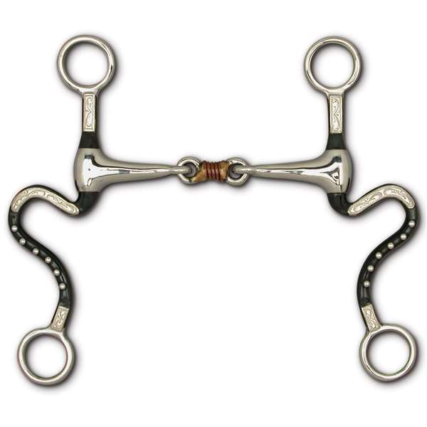 Black Satin with German Silver Trim - 7 1/2" Cheek Stainless Steel 3-Piece Snaffle with Copper Center Mouthpiece, Size: 5"