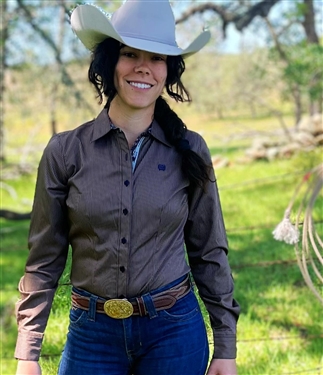 Cinch ladies western arena show shirt with brown multi stripe or brown pinstripe