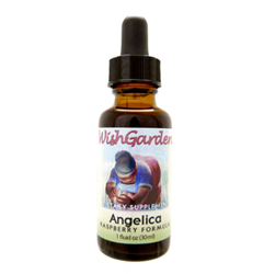 Angelica/Raspberry  WishGarden Herbs' Angelica Raspberry Tincture encourages delivery of afterbirth.  Contains: Angelica root and raspberry leaf extracted into approximately 45% grain alcohol and artesian water.