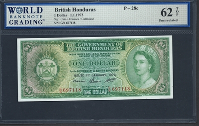 British Honduras, P-28c, 1 Dollar, 1.1.1973 Signatures: Cain/Fonseca/Cattouse 62 TOP Uncirculated