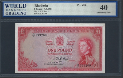 Rhodesia, P-25a, 1 Pound, 7.9.1964 Signatures: N.H.B. Bruce 40 Extremely Fine  