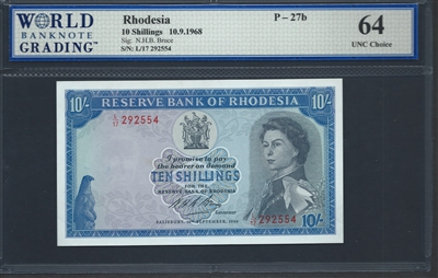 Rhodesia, P-27b, 10 Shillings, 10.9.1968 Signatures: N.H.B. Bruce 64 UNC Choice  
