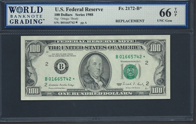 U.S. Federal Reserve, Fr. 2172-B*, Replacement Note, 100 Dollars, Series 1988 Signatures: Ortega/Brady 66 TOP UNC Gem  
