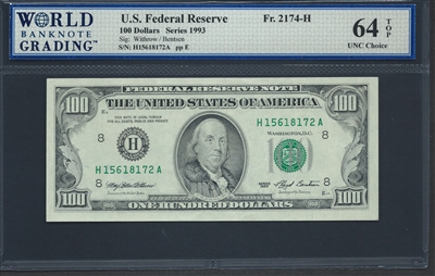 U.S. Federal Reserve, Fr. 2174-H, 100 Dollars, Series 1993 Signatures: Withrow/Bentsen 64 TOP UNC Choice  