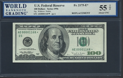 U.S. Federal Reserve, Fr. 2175-E*, Replacement Note, Low Serial Number, 100 Dollars, Series 1996 Signatures: Withrow/Rubin 55 TOP About UNC