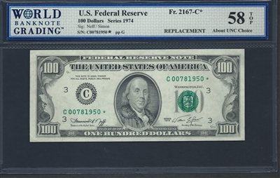 U.S. Federal Reserve, Fr. 2167-C*, Replacement Note, 100 Dollars, Series 1974 Signatures: Neff/Simon 58 TOP About UNC Choice  