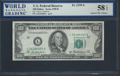 U.S. Federal Reserve, Fr. 2159-L, 100 Dollars, Series 1950 B Signatures: Priest/Anderson 58 TOP About UNC Choice  