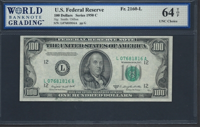 U.S. Federal Reserve, Fr. 2160-L, 100 Dollars, Series 1950 C Signatures: Smith/Dillon 64 TOP UNC Choice  