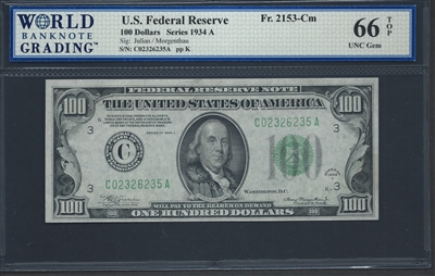 U.S. Federal Reserve, Fr. 2153-Cm, 100 Dollars, Series 1934 A Signatures: Julian/Morgenthau 66 TOP UNC Gem  