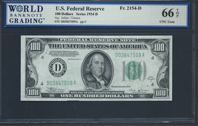 U.S. Federal Reserve, Fr. 2154-D, 100 Dollars, Series 1934 B Signatures: Julian/Vinson 66 TOP UNC Gem  