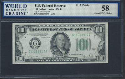 U.S. Federal Reserve, Fr. 2156-G, 100 Dollars, Series 1934 D Signatures: Clark/Snyder 58 About UNC Choice  