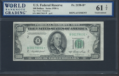 U.S. Federal Reserve, Fr. 2158-B*, Replacement Note, 100 Dollars, Series 1950 A Signatures: Priest/Humphrey 61 TOP Uncirculated  