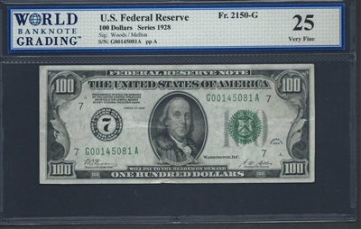 U.S. Federal Reserve, Fr. 2150-G, 100 Dollars, Series 1928 Signatures: Woods/Mellon 25 Very FIne  