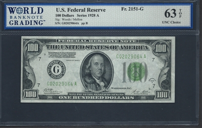 U.S. Federal Reserve, Fr. 2151-G, 100 Dollars, Series 1928 A Signatures: Woods/Mellon 63 TOP UNC Choice  