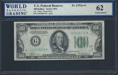 U.S. Federal Reserve, Fr. 2152a-G, 100 Dollars, Series 1934 Signatures: Julian/Morgenthau 62 Uncirculated  