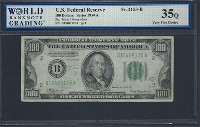 U.S. Federal Reserve, Fr. 2153-B, 100 Dollars, Series 1934 A Signatures: Julian/Morgenthau 35Q Very Fine Choice  