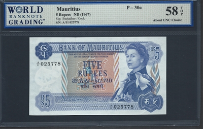 Mauritius, P-30a, 5 Rupees, ND (1967) Signatures: Beejadhur/Cook 58 TOP About UNC Choice  