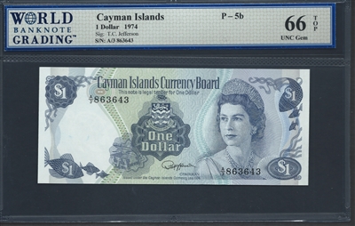 Cayman Islands, P-05b, 1 Dollar, 1974 Signatures: T.C. Jefferson 66 TOP UNC Gem