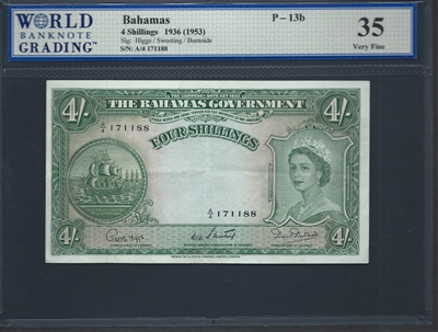 Bahamas, P-13b, 4 Shillings, 1936 (1953) Signatures: Higgs/Sweeting/Burnside 35 Very Fine Choice  