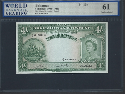 Bahamas, P-13c, 4 Shillings, 1936 (1953) Signatures: Higgs/Sweeting/Bethel 61 Uncirculated  