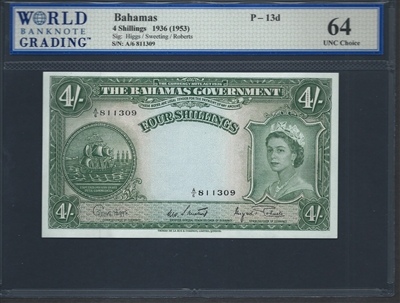 Bahamas, P-13d, 4 Shillings, 1936 (1953) Signatures: Higgs/Sweeting/Roberts 64 UNC Choice