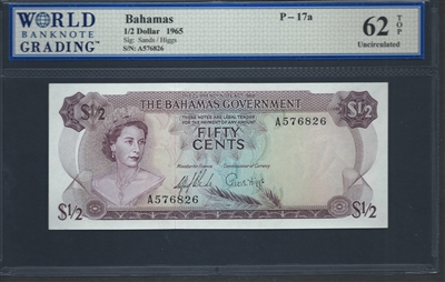 Bahamas, P-17a, 1/2 Dollar, 1965 Signatures: Sands/Higgs 62 TOP Uncirculated  
