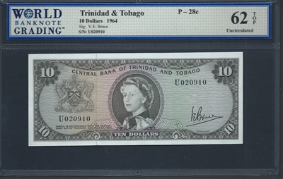 Trinidad & Tobago, P-28c, 10 Dollars, 1964 Signatures: V.E. Bruce 62 TOP Uncirculated  