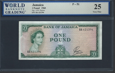 Jamaica, P-51, 1 Pound, 1960 Signatures: S.W. Payton 25 Very Fine  