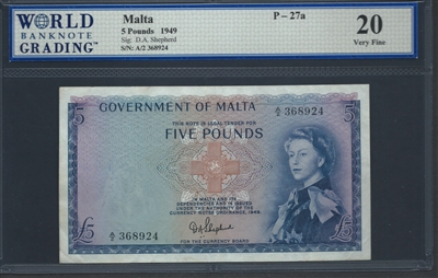 Malta, P-27a, 5 Pounds, 1949 Signatures: D.A. Shepherd 20 Very Fine  