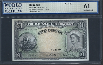 Bahamas, P-15d, 1 Pound, 1936 (1953) Signatures: Higgs/Sweeting/Roberts 61 Uncirculated