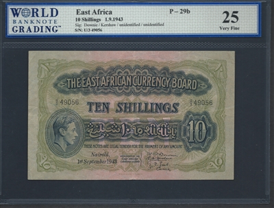 East Africa, P-29b, 10 Shillings, 1.9.1943 Signatures: Downie/Kershaw/2 unidentified 25 Very Fine  