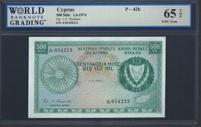 Cyprus, P-42b, 500 Mils, 1.6.1974 Signatures: C.C. Stephani 65 TOP UNC Gem  
