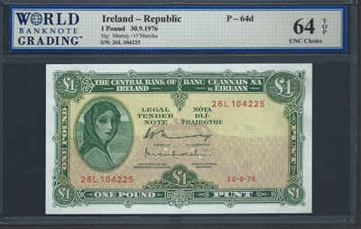 Ireland - Republic, P-64d, 1 Pound, 30.9.1976, 64 TOP UNC Choice