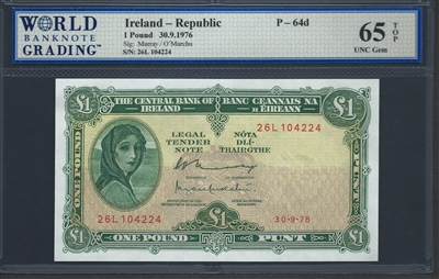 Ireland - Republic, P-64d, 1 Pound, 30.9.1976, 65 TOP UNC Gem