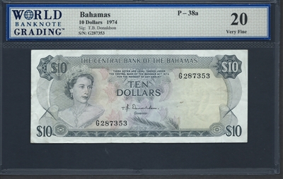 Bahamas, P-38a, 10 Dollars, 1974, 20 Very Fine