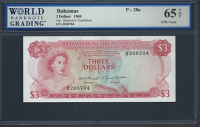 Bahamas, P-28a, 3 Dollars, 1968, 65 TOP UNC Gem
