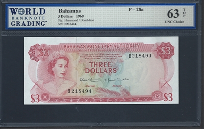 Bahamas, P-28a, 3 Dollars, 1968, 63 TOP UNC Choice