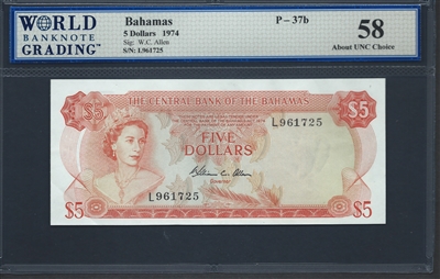Bahamas, P-37b, 5 Dollars, 1974, 58 About UNC Choice