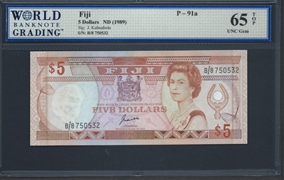 Fiji, P-091a, 5 Dollars, ND (1989), 65 TOP UNC Gem