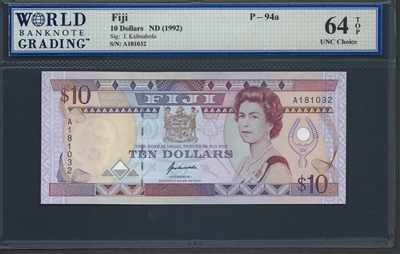 Fiji, P-094a, 10 Dollars, ND (1992), 64 TOP UNC Choice